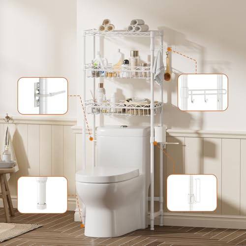 Golpart 3-Tier Over-The-Toilet Storage Shelf,Heavy-Duty Adjustable Bathroom Rack with 2 Mesh Baskets,Toilet Paper Holder & Hooks,Space-Saving Organizer for Bathroom,10”D x 24”W x 66”H,White
