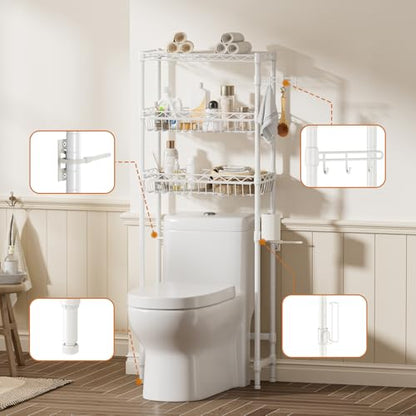 Golpart 3-Tier Over-The-Toilet Storage Shelf,Heavy-Duty Adjustable Bathroom Rack with 2 Mesh Baskets,Toilet Paper Holder & Hooks,Space-Saving Organizer for Bathroom,10”D x 24”W x 66”H,White