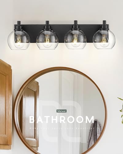 4-Light Matte Black Bathroom Vanity Light, Clear Glass Globe Shade | 26" modern bathroom light fixtures over mirror, E26 base, bulbs not included, VL195-MB-CL-4 - color: Black, Clear Glass, size: 4-light