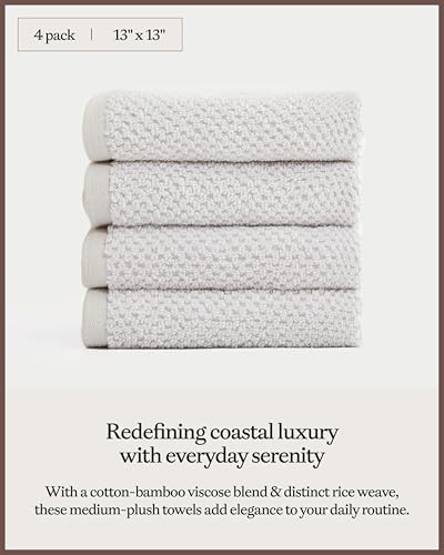 Cozy Earth Nantucket 60% Cotton 40% Viscose from Bamboo Washcloth | 600 GSM Plush and Fast-Drying with Rice Weave Pattern, 4 Pack 13" x 13" Luxury Washcloth, Light Grey - color: Heathered Light Grey, size: Washcloth