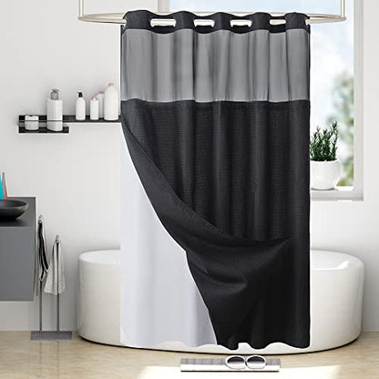 Furlinic Extra Long No Hook Waffle Weave Shower Curtain with Snap in Fabric Liner Set,Heavy Duty Bathroom Curtains with See Through Window,Machine Washable & Waterproof,Black,71x84 Inch - color: Black, size: 71"W x 84"L (Pack of 1)