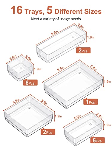 SMARTAKE 16 PCS Drawer Organizer, 5-Size Desk Bathroom Drawer Organizer | 5-Size Storage Tray with Non-Slip Silicone Pads for Makeup, Jewelries, Utensils in Bedroom Dresser, Office and Kitchen, Clear - size: Medium