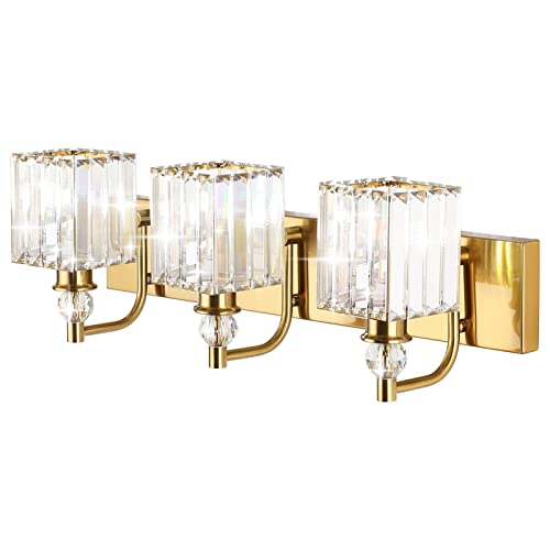 Ralbay Crystal Bathroom Vanity Lights 3-Lights 24'' Modern Crystal Gold Bathroom Lighting Fixtures Over Mirror - color: Square-Brass, size: 24 inch