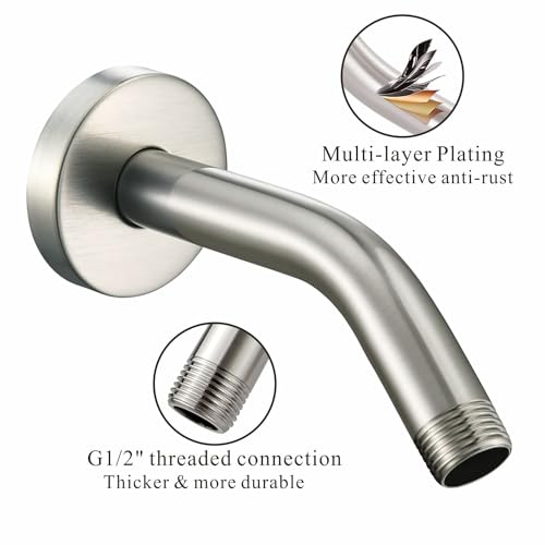 Voolan Shower Arm with Flange and Teflon Tape, Extension Shower Head Arm for Bathroom Fixed Shower Head, Solid Stainless Steel, Wall Mounted (6 Inch,Brushed Nickel) - color: Brushed Nickel, style: 6 Inch