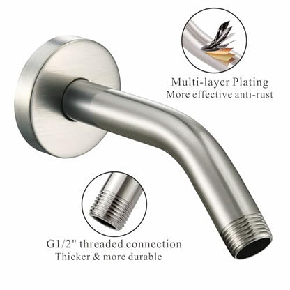 Voolan Shower Arm with Flange and Teflon Tape, Extension Shower Head Arm for Bathroom Fixed Shower Head, Solid Stainless Steel, Wall Mounted (6 Inch,Brushed Nickel) - color: Brushed Nickel, style: 6 Inch