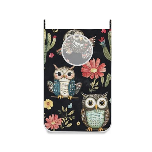 Black Owls Cactus Butterfly Hanging Laundry Hamper Door Hampers Bag Basket with Stainless Steel Hooks Oxford Fabric Printing Decorative Clothes Bags 29.5X20inch 2Pack - color: Black Owls Cactus Butterfly, size: 20x29.5inx2