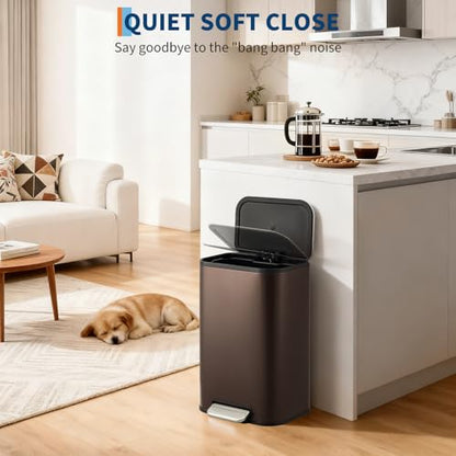 GarveeHome 3.2 Gal Stainless Steel Bathroom Trash Can with Lid, Brown | Rectangular Small Step Waste Bin, Hands-Free Foot Pedal, Removable Inner Bucket, Quiet Close, for Bedroom Restroom - color: Brown, size: 12 L