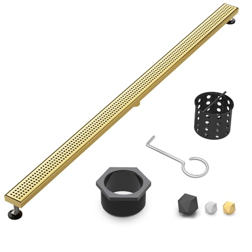 60 Inch Linear Shower Drain - Brushed Gold, with Removable Grate | AISI 304 Stainless Steel Shower Drain, Long Rectangle Shower Floor Drain with Adjustable Feet, Fits Bathroom & Balcony etc - color: Brushed Gold, size: 60 in