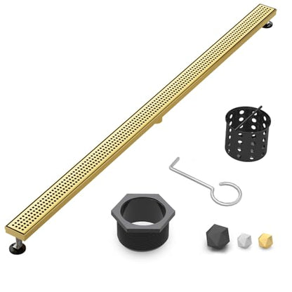 60 Inch Linear Shower Drain - Brushed Gold, with Removable Grate | AISI 304 Stainless Steel Shower Drain, Long Rectangle Shower Floor Drain with Adjustable Feet, Fits Bathroom & Balcony etc - color: Brushed Gold, size: 60 in