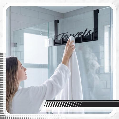 Qunclay Shower Door Hooks 5 Hooks Towel Rack for Frameless Glass Shower Doors, No Drill Stainless Steel Heavy Duty Over Door Towel Holder for Bathroom, Hanging Robe, Towels, Loofah