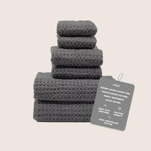 Sedona Waffle Towel Set, 6-Piece 410 GSM 100% Cotton Set Includes 2 Bath Towels, 2 Hand Towels & 2 Washcloths, Quick-Drying (Charcoal) - color: Charcoal, style: Standard Set (Set of 6 with Bath Towels)