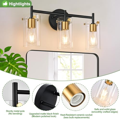 Indoi Bathroom Light Fixtures, 3-Light Black and Gold Vanity Light, Black Bathroom Lights Over Mirror with Clear Glass Shade for Mirror Bedroom Living Room - color: Black and Gold