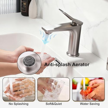 Rbrohant Single Hole Bathroom Faucet, Brushed Nickel Single Handle Bathroom Sink Faucets for 1 Hole, Bathroom Vanity Faucet with Pop up Drain, Deck Mount, R2001-BN - color: Brushed Nickel, style: No Escutcheon