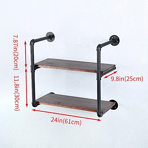 Industrial Pipe Shelves With Wood Planks,Rustic Pipe Shelving Wall Shelf | Metal Pipe Solid Pine Wood,Easy to Assemble,Wooden Board Thickness 0.78 In,For Bar Farmhouse Kitchen Office Bathroom,Bedroom - color: 2-layer, size: 24in