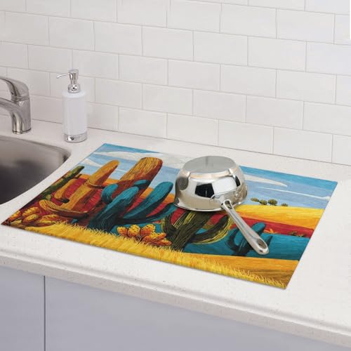 Cactus Dish Drying Mats for Kitchen Counter Absorbent Reversible Drying Mats Microfiber Kitchen Countertop Protector Dishes Drying Pad Extra Large “18 x 24" Dish Mat - color: Yellow-Cactus