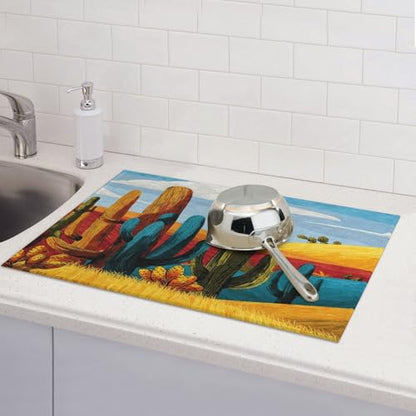 Cactus Dish Drying Mats for Kitchen Counter Absorbent Reversible Drying Mats Microfiber Kitchen Countertop Protector Dishes Drying Pad Extra Large “18 x 24" Dish Mat - color: Yellow-Cactus