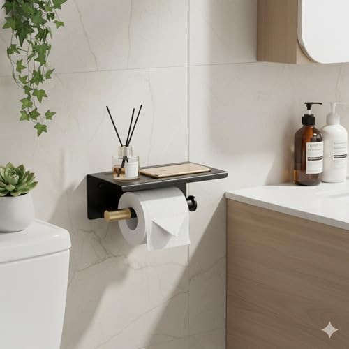 Toilet Paper Holder with Shelf, Stainless Steel PVD Black with Gold Accents | Wall Mount Toilet Tissue Roll Holder with Phone Shelf for Bathroom Storage, Solid Brass Roll Bar with Knurled Texture Detail - color: Dual Tone Black & Gold