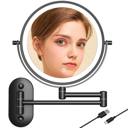 8“Wall Mounted Makeup Mirror With Lights, 10x Magnifying Mirror Wall Mount for Vanity, Bathroom and Shaving, Rechargeable Wall Mounted Makeup Mirror Swing Arm with Adjustable Brightness (Black-10X) - color: Black, size: 12.7"L x 17.3"W