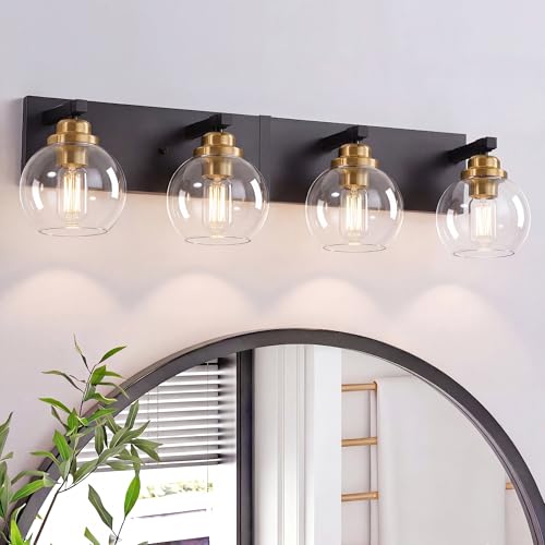 4-Light Bathroom Vanity Light Fixture Over Mirror, Bathroom Light Fixutre Matte Black & Gold Finish with Globle Clear Glass E26 Base Bulbs Not Included for Bathroom, Hallway, Bedroom, Living room - color: Black & Gold, size: 4 Lights