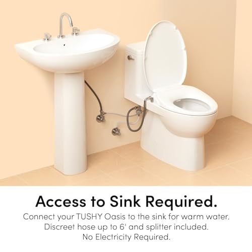 TUSHY Oasis Non-Electric Warm Water Bidet Seat, Round, Bamboo Knob | Self-Cleaning Dual Nozzles, Adjustable Temperature and Pressure, Soft-Close Lid, 10 Minute DIY Install, Sink Access Required - color: White/Bamboo, style: Dual Temp - Round Seat