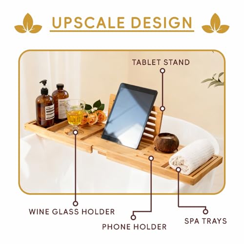 Bamboo Bathtub Tray, Expandable Foldable Bath Caddy, Natural | 29-42“ Bath Shelf Over Tub with Phone, Tablet & Wine Holders, Locking Design for Spa Bathroom Accessories & Gifts - color: A-natural