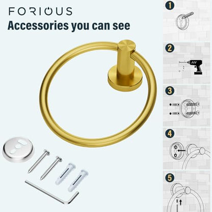 FORIOUS Towel Ring, SUS304 Stainless Steel Modern Hand Towel Holder Rack Hanger Round for Bathroom Wall Mounted, Ideal for Bath, Kitchen, RV, Dark Gold | Modern Hand Towel Holder Rack Hanger Round for Bathroom Wall Mounted, Ideal for Bathroom, Kitchen, RV