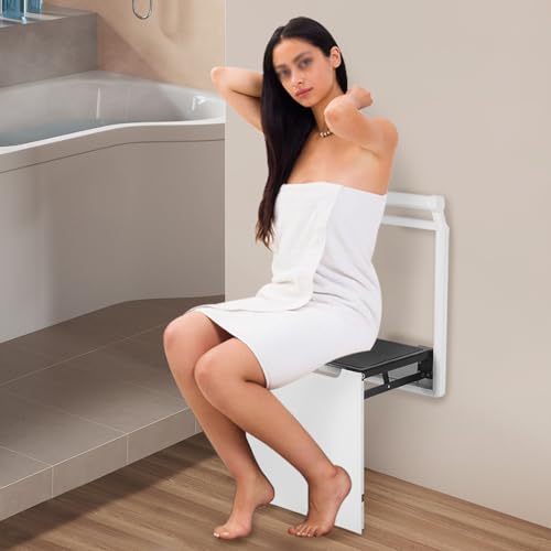 Folding Shower Seat Wall Mounted, Home Care Bathroom Bathtub Safety Stool, Anti-Slip Secure Foldable Shower Bench for The Seniors Disabled Pregnant Handicapped (About 330.7 Lbs), Space-Saving