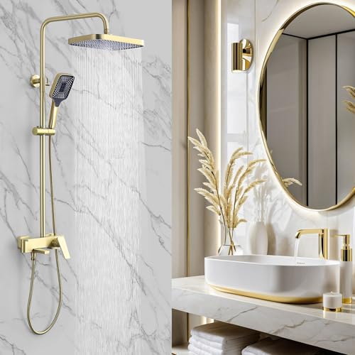 Shower Systems with 12 x8 Inches Rain Shower Head,Brushed Gold Exposed Pipe Shower System,3 Functions Tub Shower Faucet Sets,Overhead Shower System with Handheld - color: A- Brushed Gold with Square Shower Head