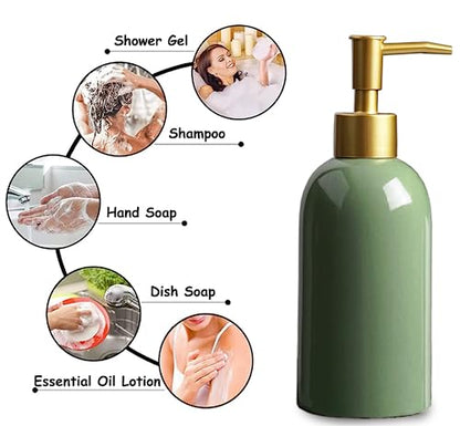 2Pack Ceramic Soap Dispenser Green with Gold Pump,Modern Design Cylindrical Lotion Dispenser Bottle,Refillable Liquid Hand Soap Dispenser for Kitchen,Bathroom,Washroom - color: 2pcs Green