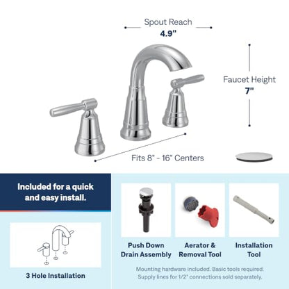 Moen Halle Chrome Widespread Traditional Bathroom Faucet with Drain Assembly for 3-Hole Applications, 84972C - color: Chrome