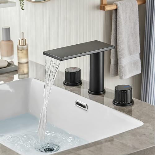 becola Black Bathroom Faucet 3 Hole, 8 inch Widespread Bathroom Faucet with Top Storage, Waterfall Bathroom Faucet，2-Handle Modern Vanity Faucet with Adjust Knobs and Two Supply Lines - color: Matte Black