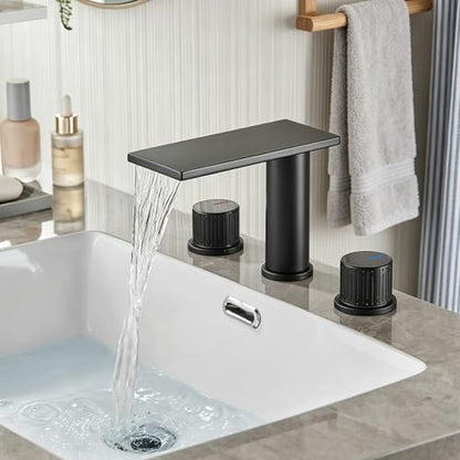 becola Black Bathroom Faucet 3 Hole, 8 inch Widespread Bathroom Faucet with Top Storage, Waterfall Bathroom Faucet，2-Handle Modern Vanity Faucet with Adjust Knobs and Two Supply Lines - color: Matte Black