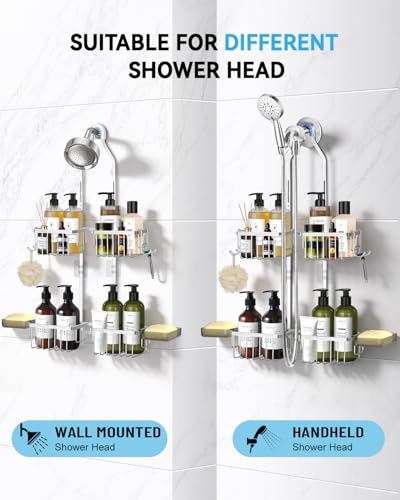 Adjustable Shower Caddy Hanging - Never Rust Shower Organizer Hanging, Aluminum Shower Racks for Inside Shower - Bathroom Organizers and Storage with 2 Soap Holders and 2 Removable Hooks, Silver