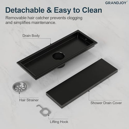 12-Inch Linear Shower Drain, Matte Black SUS304 Stainless Steel with 2-in-1 Tile Insert Cover & Flat Grate, High Flow Floor Drainer with Hair Strainer, Adjustable Feet - color: Matte Black, size: 12