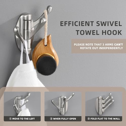 Angle Simple Bathroom Towel Hook Swivel, Robe Coat Hanger, Brushed Nickel | Zinc Alloy Foldable Robe Hook 3 Arms, Fold Flat When Not in Use, Space-Saving for Compact Rooms, Screw Wall Mount - color: Brushed Nickel, size: 1 Pack