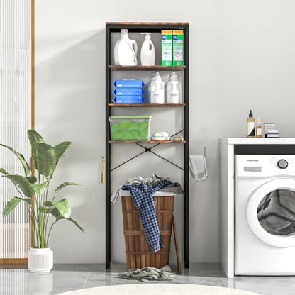 LOKO Bathroom Over The Toilet Storage Rack, 4-Tier Industrial Organizer Shelf with Toilet Paper Holder & Hook, Multifunctional Freestanding Space Saver Plant Stand for Laundry Balcony, Rustic Brown