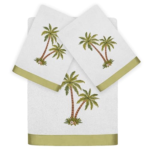 Flourish 3-Piece Towel Set, Embroidered Palm Tree Design, 100% Turkish Cotton, Super Absorbent & Luxurious, Tropical Bathroom Decor, 1 Bath 2 Hand Towels, Silver - color: Silver, size: 1 Pc Bath 2 Pcs Hand Towel