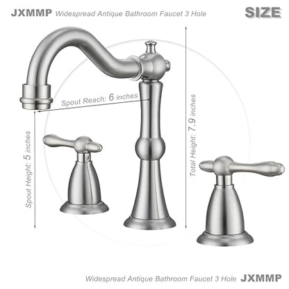 Brushed Nickel 3 Hole Bathroom Faucet, Widespread Antique Bathroom Sink Faucet with Pop Up Drain and cUPC Supply Hose, Modern 2 Handle Modern Brushed Sink Faucet Bathroom JXM3073BN - color: Brushed Nickel
