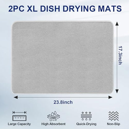 Large Dish Drying Mat 2 Pack, 23.8" x 17.3" Microfiber Ultra Absorbent Quick-Dry Dish Drying Mats for Kitchen Counter, Dish Rack Mat & Drying Pad for Countertops & Sinks, Machine Washable, Gray - size: Large