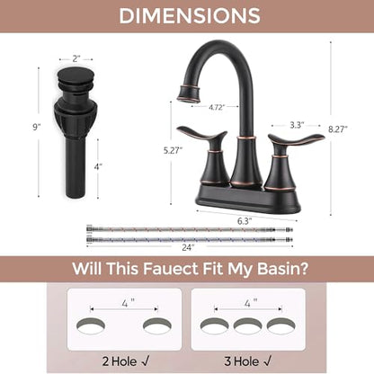 KINGO HOME Modern 2 Handle Oil Rubbed Bronze Bathroom Faucet, Bronze Bathroom Faucets RV Rubbed Bronze Bath Vanity Faucet for Sink 3 Hole with Water Supply Lines and Pop Up Drain - color: Oil Rubbed Bronze