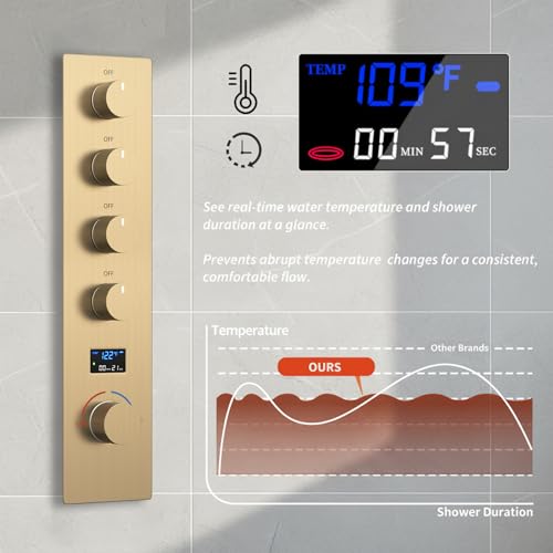 Brushed Gold Shower System Temperature Display Shower Faucet Set | 12 inch and 8 inch Full Body Shower Head, with 6 PCS Body Jet and Handheld Spray - color: Brushed Gold, size: 12+8 inch