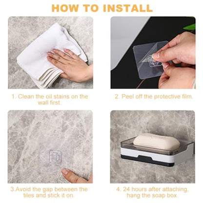 2 pcs Self Adhesive Soap Dish with Drawer-Type Drip Tray and 2 No-Trace Adhesive Pad, Wall Mounted Soap Holder Shower Sink Bar Soap Sponge Holder Tray Rack(White)