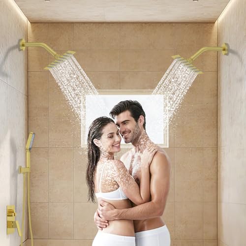 Bathtub Shower System 6-Inch Dual Overhead Rain Showers with 3-Function Handheld Showerhead & Power Jet | Complete Set with Diverter Valve (Brushed Gold)