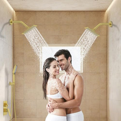 Bathtub Shower System 6-Inch Dual Overhead Rain Showers with 3-Function Handheld Showerhead & Power Jet | Complete Set with Diverter Valve (Brushed Gold)