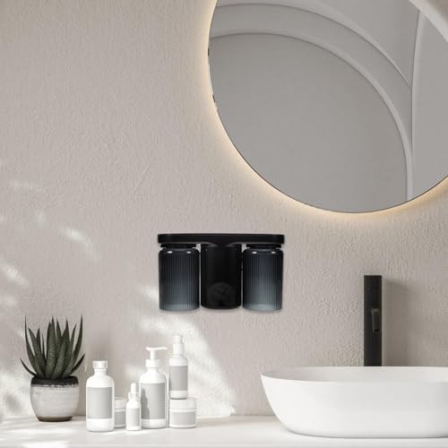 Generic Wall Mount Toothbrush Holder with Double Cup and Toothpaste Dispenser, No-Drill Bathroom Organizer with Towel Hanger, Black Plastic Toothbrush Storage Rack for Home and Travel