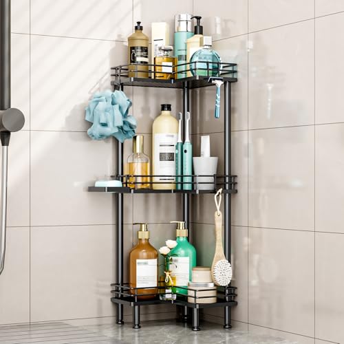 HapiRm Corner Shower Caddy Standing - 3 Tier Shower Organizer Corner with Soap Holder, Rustproof Bathroom Standing Organizer with 4 Hooks, Black - color: Black, size: 3-tier