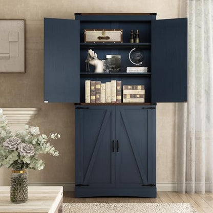 Hlivelood 71" Tall Kitchen Pantry,Farmhouse Storage Cabinet with Adjustable Shelves,Load-Bearing Steel Pipe,Farmhouse Pantry Cabinet with 4 Barn Doors,for Kitchen,Dining Room,Living Room(Blue) - color: Blue