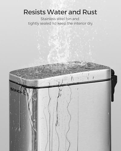 SONGMICS Bathroom Trash Can and Toilet Brush Set, 1.3 Gallon Small Trash Bin with Lid, Slim for Small Spaces, Stainless Steel Garbage Can, Soft Close, Silver ULTB560E0501 - color: Silver, style: 1.3 Gal. with Toilet Brush Set