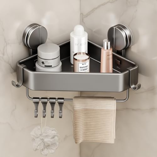 Mustorn Suction Cup Shower Caddy Corner, 1 Pack Suction Corner Shower Shelves No Drilling, Rustproof Shower Organizer Suction Cup with Towel Holder & Hooks Removable Bathroom Storage Rack(Gray) - size: 1 Pack