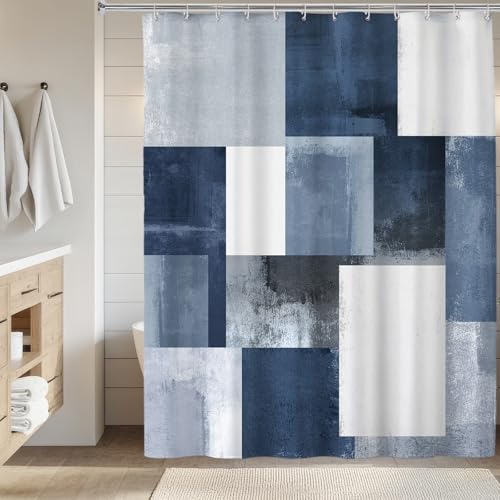 Navy Blue Black Shower Curtain, Modern Geometry Plaid Check Shower Curtains for Bathroom, Ombre Abstract Waterproof Polyester Fabric Shower Curtain Set with Hooks, Standard Size 72 x 72 inches - color: Blue Black